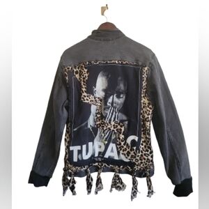 Old Navy Upcycled 2 Pac Denim Jacket Leopard Print Unisex Large Off Black